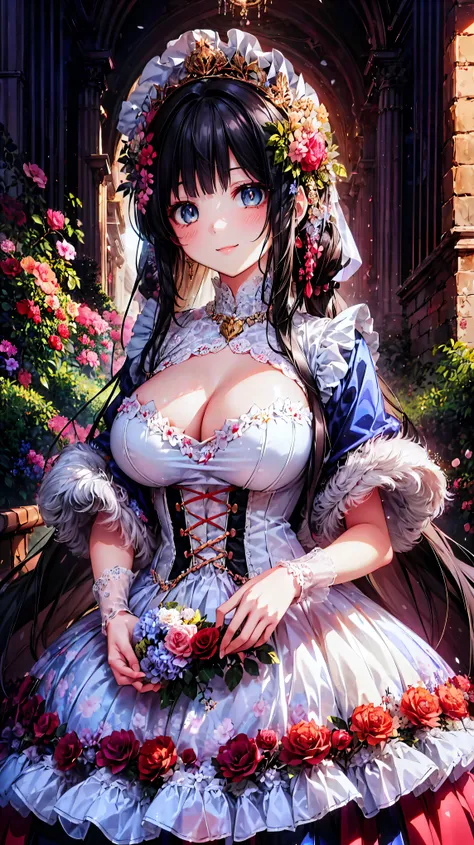  medieval Europe , Lady,  Floral Crinoline Hoop Skirt, red petticoat dress ,  big breasts, hyper detailed beautiful eyes,  hair ornament, Fluffy, (((smile))), (anime moe art style:1.3),