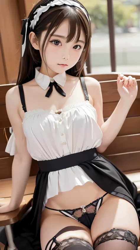  Japanese 6th grade girl,(White gothic lolita figure),Department store bench ,( can see her panties:1.4),(Clothes with open shoulders),( leg opening pose)