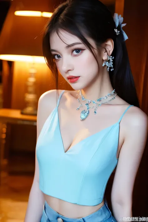 night time, (An extremely delicate and beautiful work), (masterpiece), 1 girl, streetwear, Very detailed, Ponytail Contortion, charming expression, beautiful and clear eyes, blue eye pupils, Delicate pearl necklace, exquisite earrings, extremely detailed ...