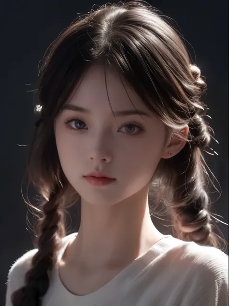 best qualtiy，RAW photos，（tmasterpiece：1.2），realisticlying，A high resolution，1girl, Light shines on the face, glowing eyes, hair bun, polar opposites, symmetry，cinmatic lighting，depth of fields，