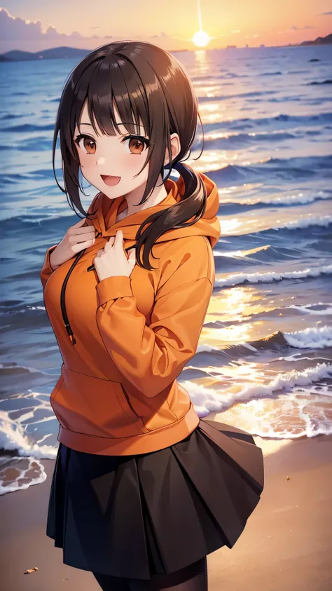 (top quality, greatest masterpiece),okitasawa,low twintales ,(orange hoodie:1.3),black long skirt,pantyhose, anatomically correct body , looking at the camera, very detailed facial features, beautiful and perfect face,(:d:1.3),Sunset sky,Evening summer ...