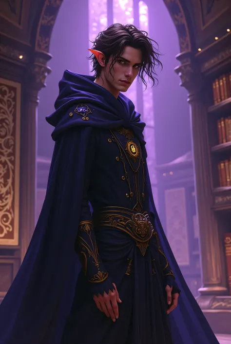 A man necromancer with elfs eyes and with brown shot hair in a library with violet lights 