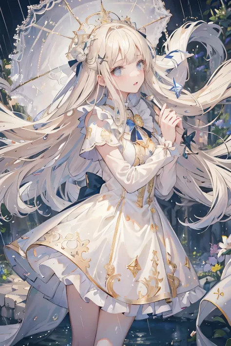 4k ultra hd, masterpiece, best quality, a girl, beautiful face, detailed eyes, very long hair, impressive and attractive hair, good looking, lovely lips, happy, opened mouth, rainy dress, gold dress, white lace, cristalized jwellery, shining jwellery, natu...