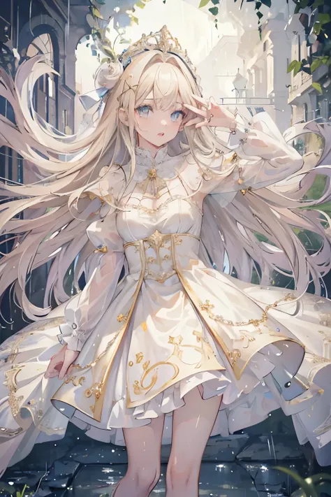 4k ultra hd, masterpiece, best quality, a girl, beautiful face, detailed eyes, very long hair, impressive and attractive hair, good looking, lovely lips, happy, opened mouth, rainy dress, gold dress, white lace, cristalized jwellery, shining jwellery, natu...