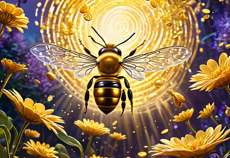 A fantastical depiction of a golden honeybee hovering in a magical glow, surrounded by a cascade of golden coins falling from the sky. The honeybees radiant golden body shimmers with intricate patterns, and its delicate wings glisten with ethereal light. T...