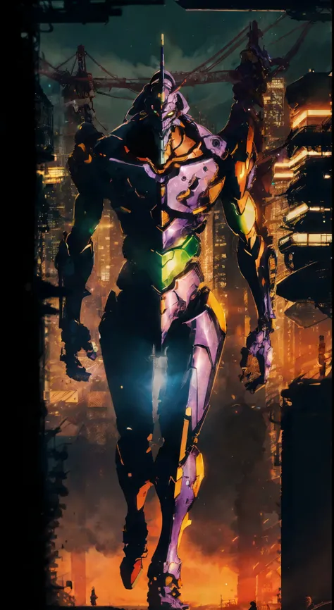 A highly detailed and realistic full body portrait of Eva 01, a biomechanical anime character., Walking between the buildings of Tokyo city, dramatic lighting, cinematic compositing, volumetric fog, intricate mechanical details, dynamic positioning, shiny ...