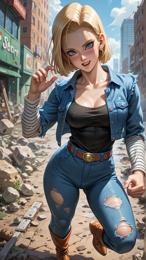 Android 18 from the anime Dragon Ball, shy, blushing, sweaty, excited, in a post apocalyptic city, with clothes torn by fighting, medium breasts, high resolution, high details, , full body, Solo, Alta resolución, Mirando al espectador, La mejor calidad, De...