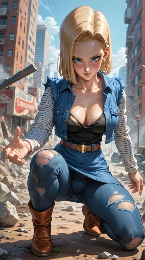 Android 18 from the anime Dragon Ball, shy, blushing, sweaty, excited, in a post apocalyptic city, with clothes torn by fighting, medium breasts, high resolution, high details, , full body, Solo, Alta resolución, Mirando al espectador, La mejor calidad, De...