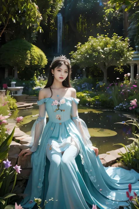 arafed image of a woman in a dress in a garden with butterflies, ethereal fairytale, Zhang Jingna, Ethereal fantasy, romanticism art style, Realisticstyle,beautiful fantasy art, fantasy painterly style, Alice X. zhang, Beautiful character painting, Fantasy...
