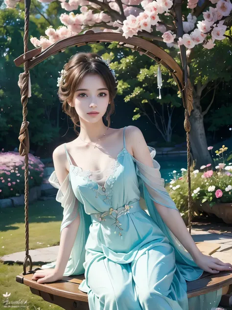 beautiful detailed eyes, beautiful detailed lips, elegant dress, sitting on a swing, surrounded by blooming flowers, soft sunlight, pastel colors, dreamy atmosphere, traditional art style, realistic rendering, gentle brushstrokes, vibrant color palette, fl...