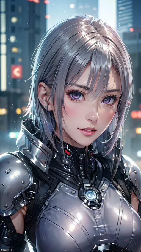 (8k,  photorealistic,  RAW photos , top quality: 1.4), ( 1 girl), super beautiful, ( realistic face), ( boyish ,  silver-colored berry shorthair),  Beautiful Cyberpunk Suit ,  gaze that tempts viewers,  beautiful expression ,  Beautiful breasts, (realistic...