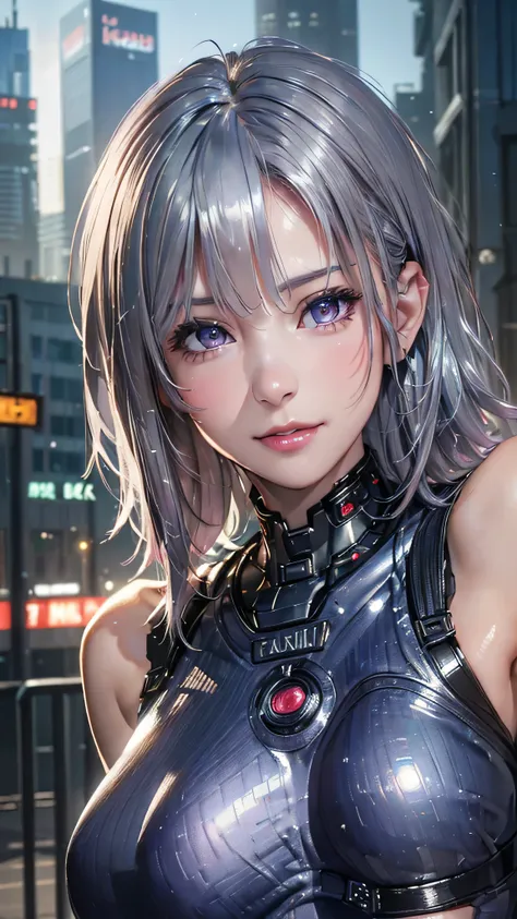 (8k,  photorealistic,  RAW photos , top quality: 1.4), ( 1 girl), super beautiful, ( realistic face), ( boyish ,  silver-colored berry shorthair),  Beautiful Cyberpunk Suit ,  gaze that tempts viewers,  beautiful expression ,  Beautiful breasts, (realistic...