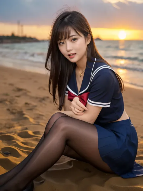 ((masterpiece)), (( top quality :1.4)), ( super detailed :1,4) ,  movie lights,
 Japanese girl like an idol , Cute beautiful mature woman、 long hair , straight hair , Round face , full body shot ,  sailor suit  ,  pleated skirt 、Super realistic thick tight...