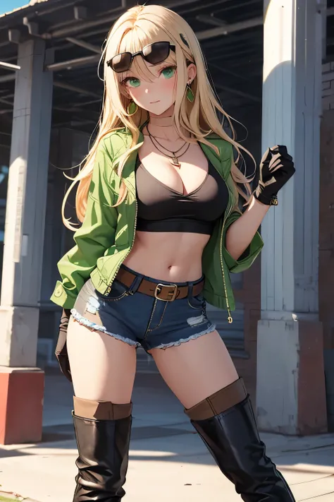 20 year old girl, long flowing blonde hair, blue sunglasses on head, cute face, green eyes, light blush, green earrings, prism necklace, black tube top, open midriff, red vest, brown biker gloves, jeans, brown belt, steel toe boots, large chest