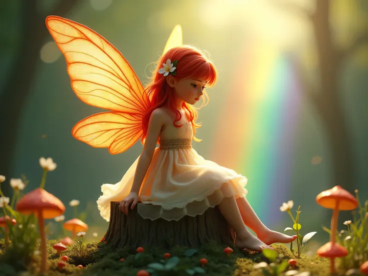 realistic winged fairy, her wings are extremely detailed, her hair is red, her hair is in an elaborate style, there is a flower in her hair, she is barefoot, her dress is made of extremely fine material, her skirt has many layers, spotlight, the background...