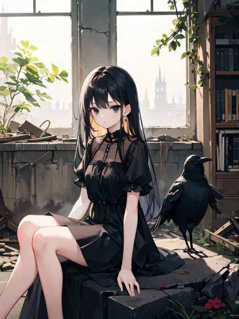 masterpiece, best quality,1 girl, black hair, long hair, black dress, black eyes, sitting, crow, indoors, ruins, cowboy shot