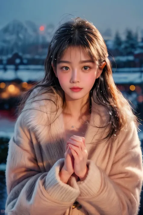 masterpiece、8K、32K、top-quality、(A detailed eye)、(A cute Japanese woman、bangss)、23years old、1 girl in、elegent、(Detailed background depiction、portlate:1.2)、(own hands together:1.5)、(illuminations、Snow:1.4)、(wool coat:1.2)、(Snow:1.4)、(blushed face、cheerful:1...