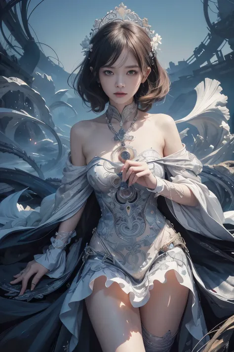 official art, unity 8k wallpaper, ultra detailed, beautiful and aesthetic, masterpiece, best quality, (zentangle, mandala, tangle, entangle), (fractal art:1.3) , 1girl, extremely detailed, dynamic angle, cowboyshot, the most beautiful form of chaos, elegan...