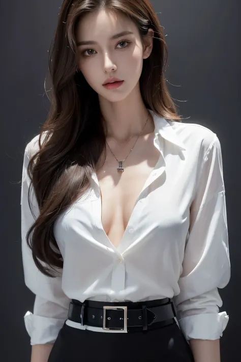 (best quality, high resolution, masterpiece :1.3), A tall, beautiful woman, Slim abs, Dark brown hair styled in loose waves, Chest, Wearing a Pendant, White Button-Down Shirt, belt, Black skirt, (Modern architecture background), Detailed rendering of faces...