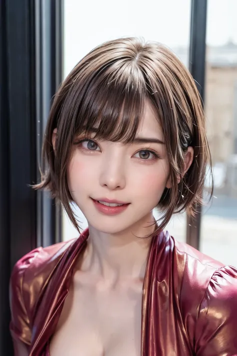 (nsfw:1.8、masterpiece,  best quality、 highest image quality taken by Ki),1 person, Alone, hyper  realistic,  realistic, realistic,  watch the audience ,  light blue eyes:1.4,Brunette  short bob hair with highly detailed shiny hair, Brightly colored winter ...