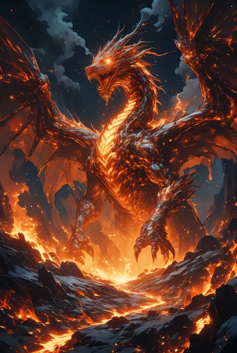 ( that illuminates the sky with its evil light , wings spread out , its very existence Its an avatar of destruction and rebirth . Its scales are burning bright red on the spectrum , tangerine, The overall composition of this illustration with yellow , t...