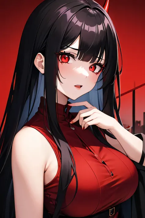 1girl,red_eyes,black_hair,long_hair,big_boobs,blood_on_face,demon_girl,zoom,hell_background,zoom,big_zoom,close_up_of_face,red_lipstick,horn, blood_face, blood, boobs,black_coat, blood_face, adult, black hair, long_hair, red_moon,sexy_dress,sweet aesthetic...