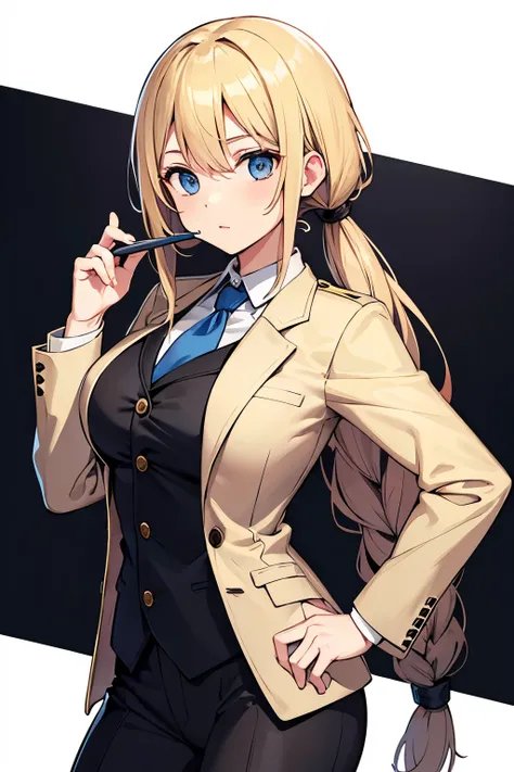 Young blond female detective in a suit with long hair tied