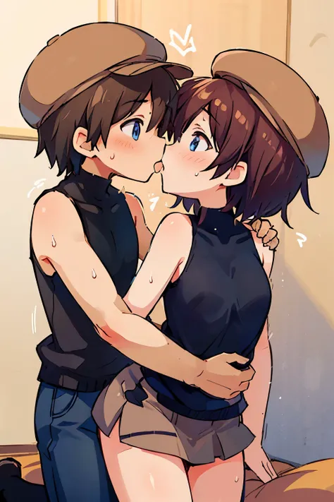  masterpiece ,   top quality ,   absurd,   1 girl , Helga Haruka  ,   blue eyes,  Brown Hair,   short hair ,  Brown hat,   black sweater  ,   sleeveless，  turtleneck ,   check skirt  ,   ( one middle-aged man , Perfect Anatomy), (Hetero sexual:1.1),   sex,...