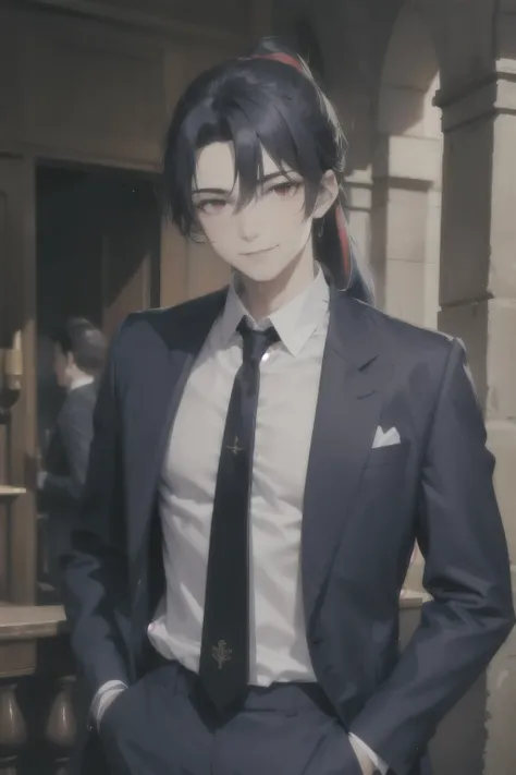 man,drowsy,Cool ,young man, smiling , dark navy blue hair,red eyes, medieval aristocrat , navy blue suit , white shirt ,Dark red tie , long hair, tied hair , ponytail,Top shot 