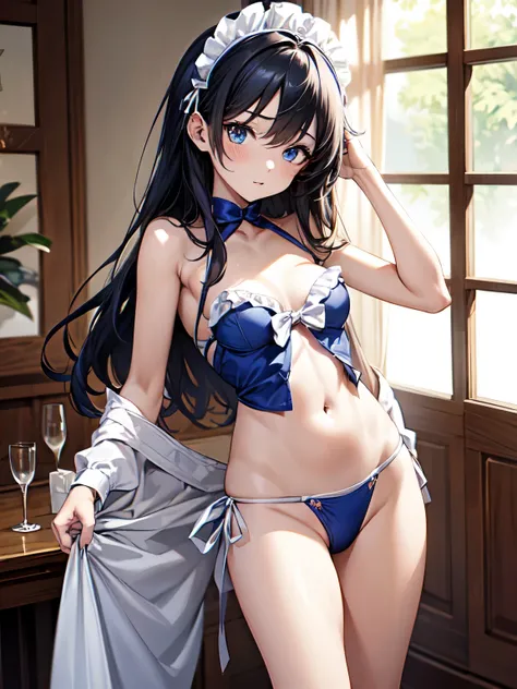 masterpiece, (best quality), (high resolution), Ultra-HD, (high definition)detail, anime, solo girl, (head dress)maid, (cobalt blue)(bikini)(micro bikini), (small breasts)covered, narrow constricted waist, (bare hips), (small hips), (thin hips), (bare thig...