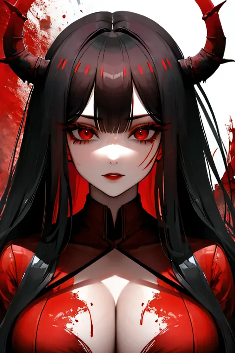 1girl,red_eyes,black_hair,long_hair,big_boobs,blood_on_face,demon_girl,zoom,(clothing),white_background,zoom,big_zoom,close_up_of_face,red_lipstick,horn, blood_face, blood, boobs, castle, black_coat, blood_face, adult, black hair, long_hair, red_moon