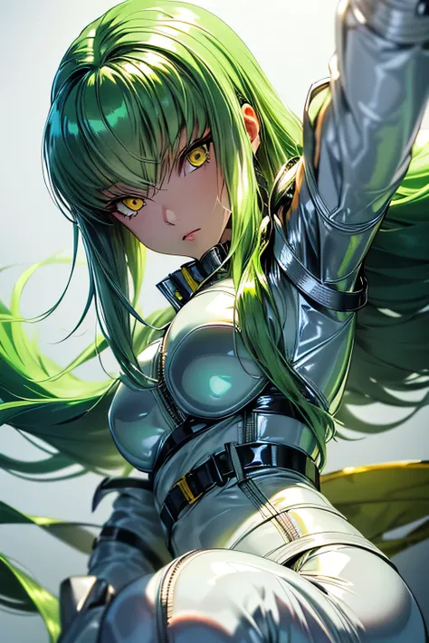  Perfect Anatomy 　  top quality ,  Highest Resolution ,(((metallic shiny latex white straitjacket　 shiny green hair 　 Yellow Eyes)))　c.c