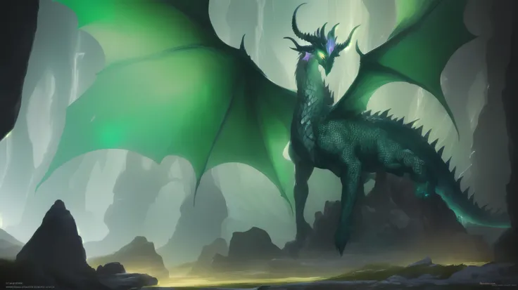 ghastly dragon in a cave, A massive green dragon with a wide scaly head adorned with glowing emerald eyes and majestic curved horns. Its body is covered in shimmering green scales that reflect light like polished gems. Along its muscular form, intricate ru...