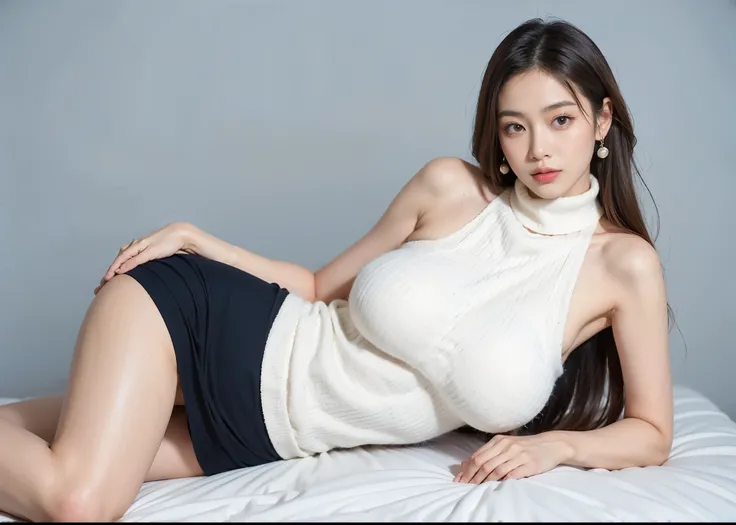 Beautiful Asian woman, white off shoulder sweater, navy blue pencil skirt, crouching in bed