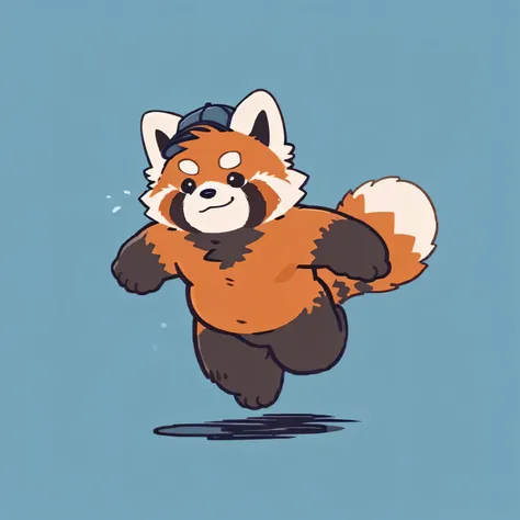 Red Panda face, cute faces,Human(Red Panda), (cap, running) ,  chubby,( white eyebrows:1.1),( perfect black eyes), simple background,  blue background,Print Style。（ artist :Takemoto Arashi