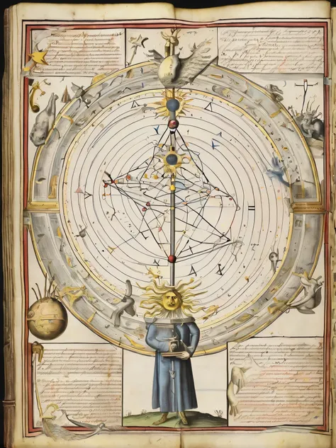 An alchemical manuscript page adorned with celestial constellations and planetary alignments invokes the ancient practice of astrological magic, melding cosmic forces with alchemical transformations:1.4, alchemical manuscript page:1.2, celestial constellat...