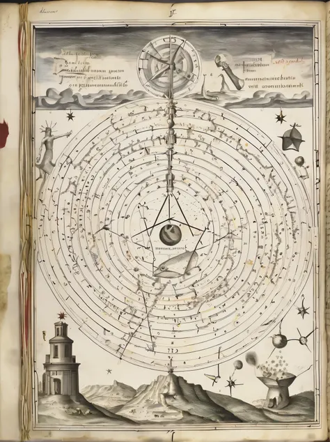 An alchemical manuscript page adorned with celestial constellations and planetary alignments invokes the ancient practice of astrological magic, melding cosmic forces with alchemical transformations:1.4, alchemical manuscript page:1.2, celestial constellat...