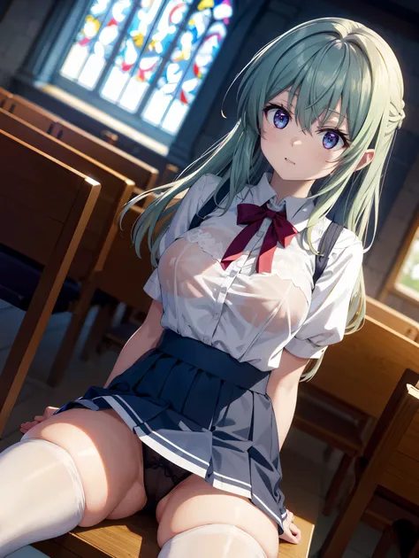 (( top quality )), ( high res), (( very detailed))、(masterpiece)、An adult-like goddess、Im wearing a cute transparent bra and panties on my school uniform、(Im wearing black over-the-knee stockings)、(Im opening my crotch and spreading my legs at church)、((Cu...