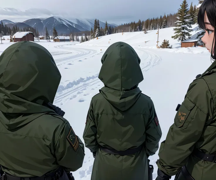 View from behind， a group of female soldiers in dark green military coats、Hooded and headed 、Gloves，Side by side、 snowy military camp 、 Write details 、masterpiece、  of the best quality 、High precision CG  、  8K Picture Quality