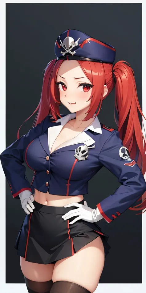 1 Female,High definition,high resolution,Ultra-realistic,8K, 1girl, solo, red hair, red eyes, twintails, employee uniform, pencil skirt, skull print, navy cap, fang, black legwear, white gloves, large breasts,European,sexy,Upper body close-up,Photographed ...