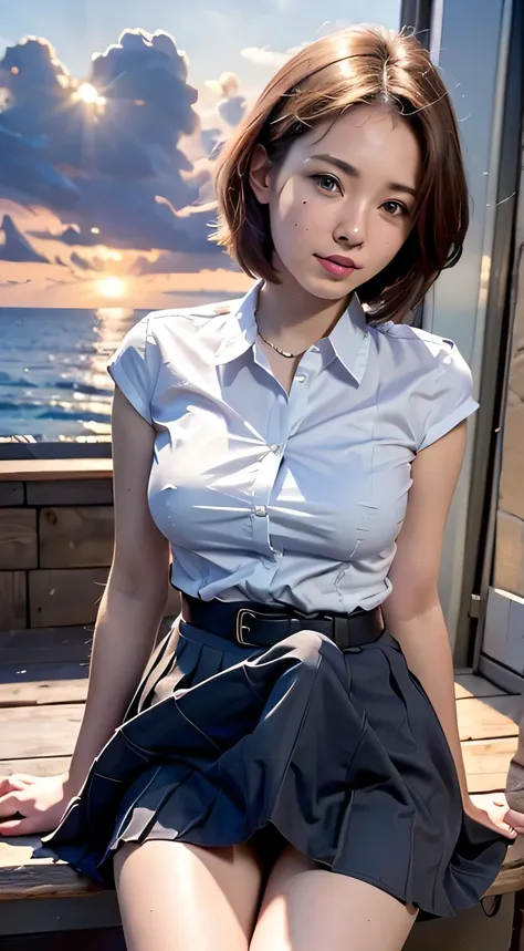 (Best quality, High resolution, Masterpiece :1.3)avec de long cheveux, Une jolie femme, Des seins dodus et volumineux, Cinched waist, 
Against the backdrop of a red-tinted sunset sky with clouds and the sun sinking into the sea, There is a beautiful high s...