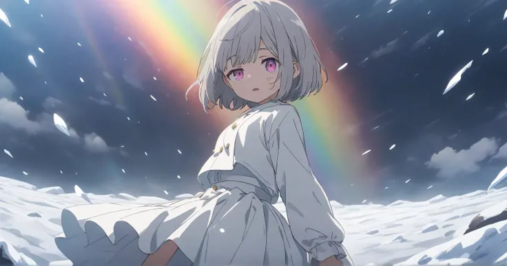 Snowfield　rainbow　 with gray hair Bob 　 one eye is hidden　 skirt with open pupils 　Tattered and dirty white clothes　Person Distant 　 scenery main 　anime