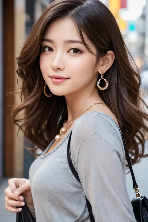  top quality ， super high res， RAW photos ， 1 girl， loose perm hair 、 dark brown hair 、 Japanese 、 loose perm hair 、smile、 Pro Pictures、The background is the same skin color as Humanra、  drawn faithfully to anatomy  ..、  very elaborate and beautiful  、 sup...