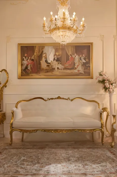 there is a couch and a chair in a room with a chandelier, lavish rococo baroque setting, luxury furniture, elegant baroque, white elegant baroque design, classicism artstyle, baroque style painting backdrop, elegant furniture, baroque style, rococo style, ...