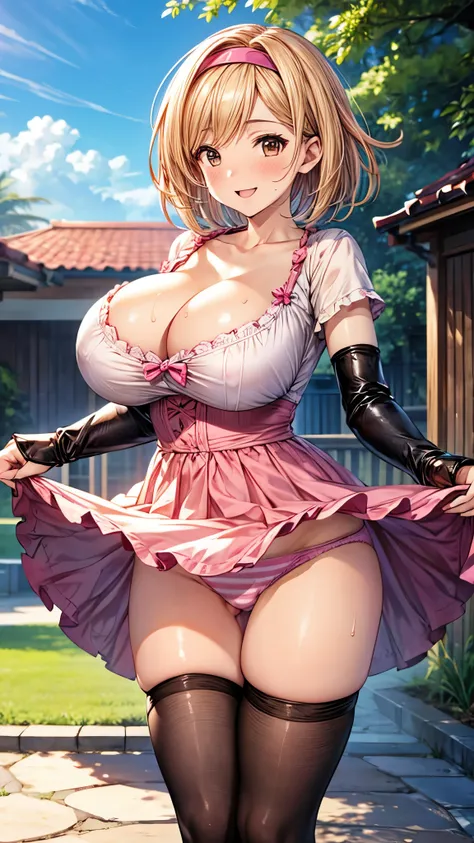 best quality,4k,8k,1girl,(huge breasts),orgasm,blush,sweat,smile,(djeeta,brown eyes,dress,hairband,cleavage:1.0),short sleeves,bare arms,mini skirt,(pink panties,striped panties),thighhighs,garden,wind,wind lift