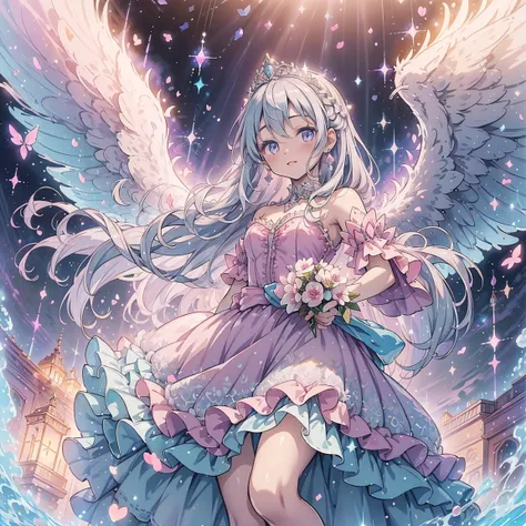 ( beautiful , beautiful , Very detailed, masterpiece, high quality , Puzzled, high resolution , Full HD, 16K, Soft Edge, Soft lines),( dynamic angle),Flying in the air , dramatic lighting , pastel colors , Soft Lighting ,((Moonlight ...