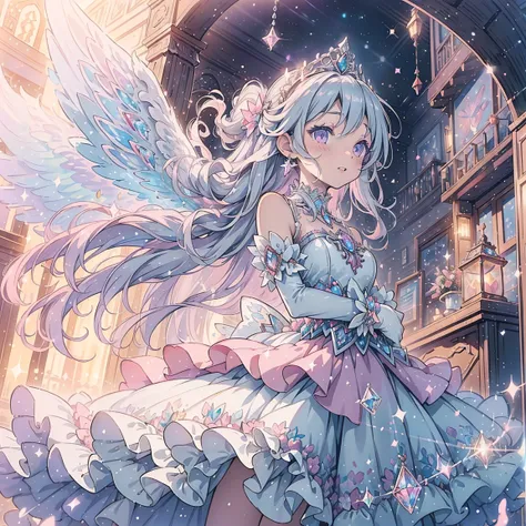( beautiful , beautiful , Very detailed, masterpiece, high quality , Puzzled, high resolution , Full HD, 16K, Soft Edge, Soft lines),( dynamic angle),Flying in the air , dramatic lighting , pastel colors , Soft Lighting ,((Moonlight ...