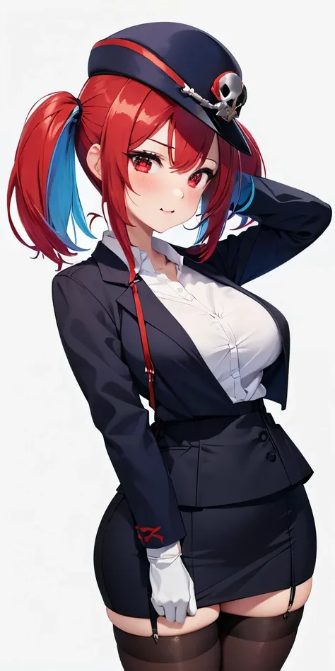 1 Female,High definition,high resolution,Ultra-realistic,8K, 1girl, solo, red hair, red eyes, twintails, employee uniform, pencil skirt, skull print, navy cap, fang, black legwear, white gloves, large breasts,European,sexy,Upper body close-up,Photographed ...