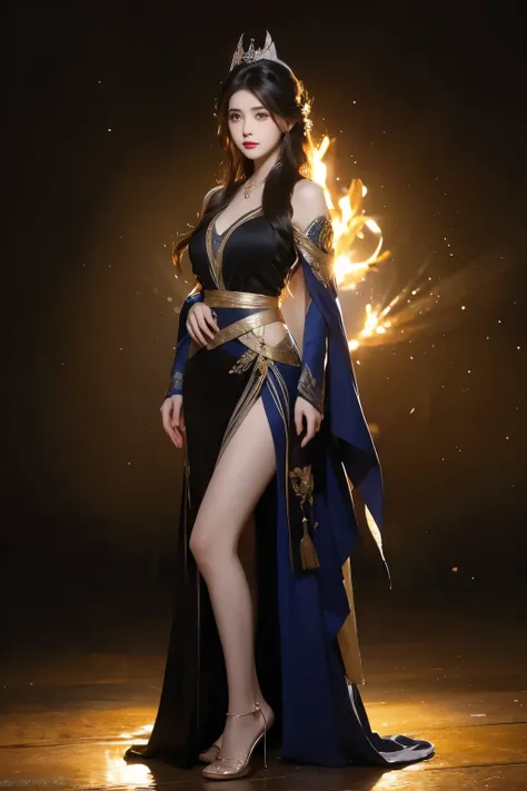 Create douyin character; {background: night}, white skin, realistic, HDR, beautiful, full body, age 20, name card: “LynnA”, female, black hair, long hair, glow light, use magic