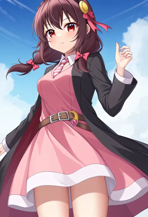 yunyun,Yunyun、1 person、solo、 high image quality、blue sky、 red and white striped tie、 red eyes、 pink dress、belt、 black coat 